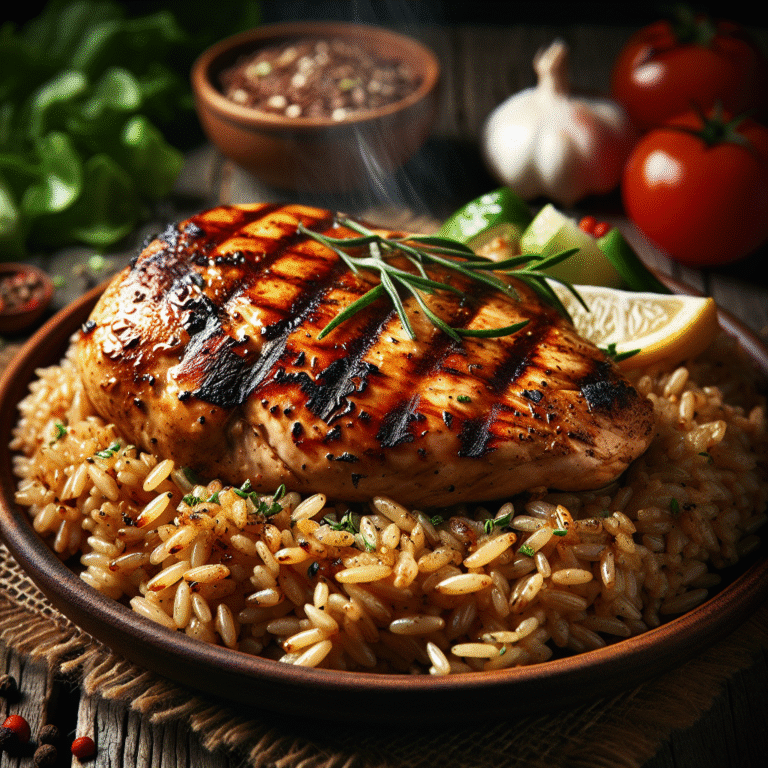 Frango grelhado sobre cama de arroz integral: sabor e saúde