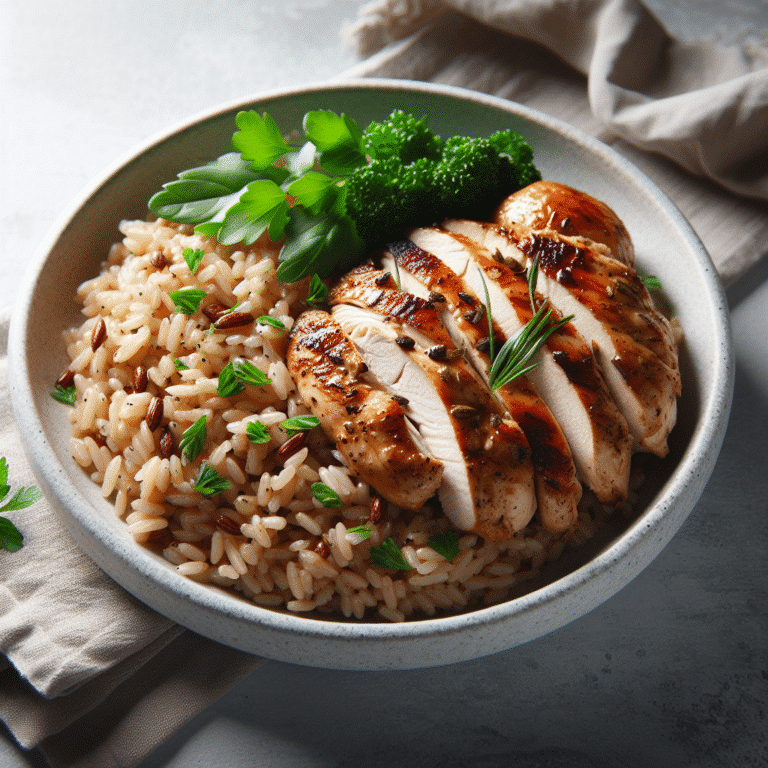 Prato nutritivo: arroz integral com frango grelhado e ervas frescas