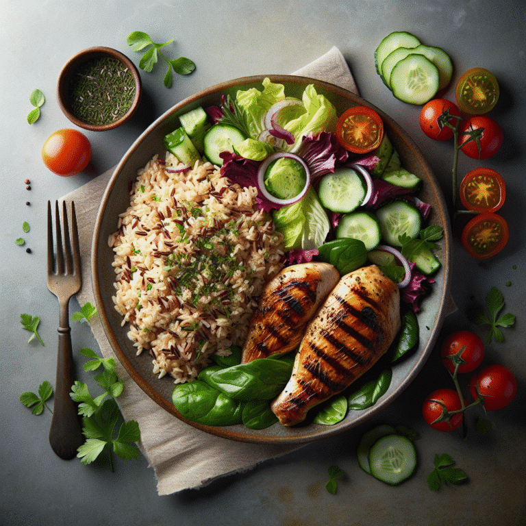 Delícias de arroz integral com frango grelhado e salada