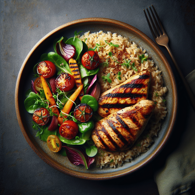 Delícias de arroz integral com frango grelhado e salada